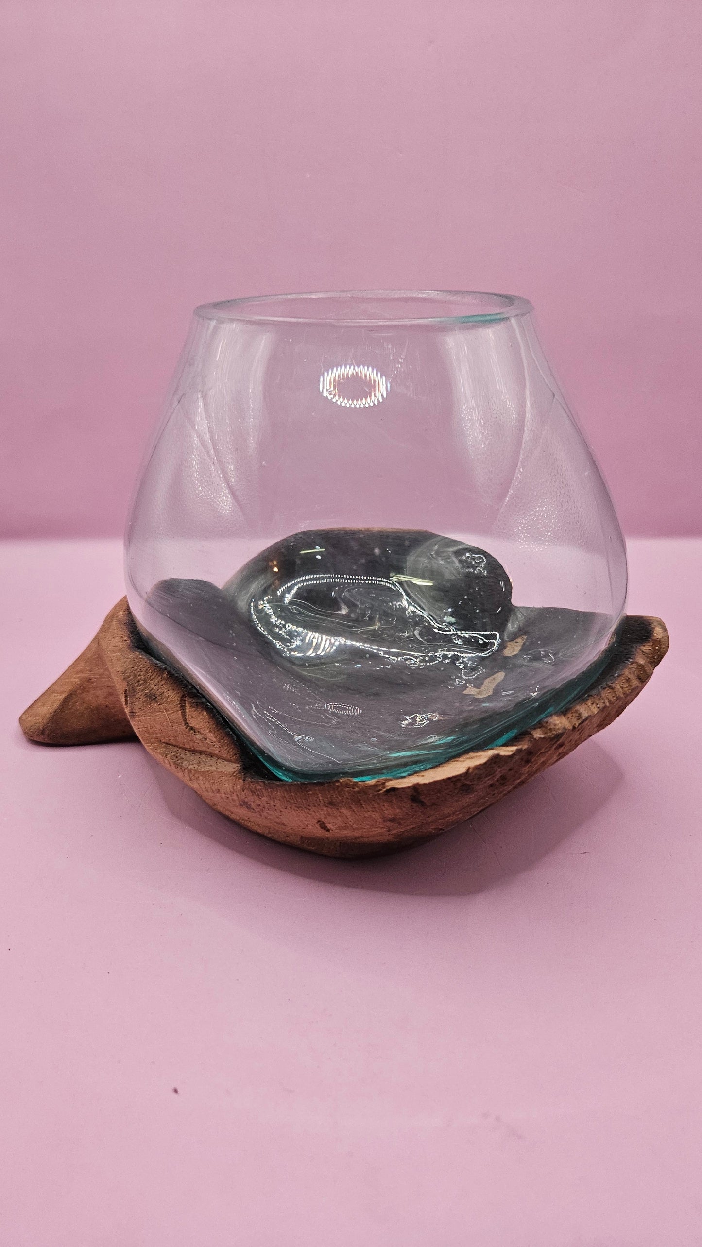 Carved Wooden Hand and Molten Glass Terrarium