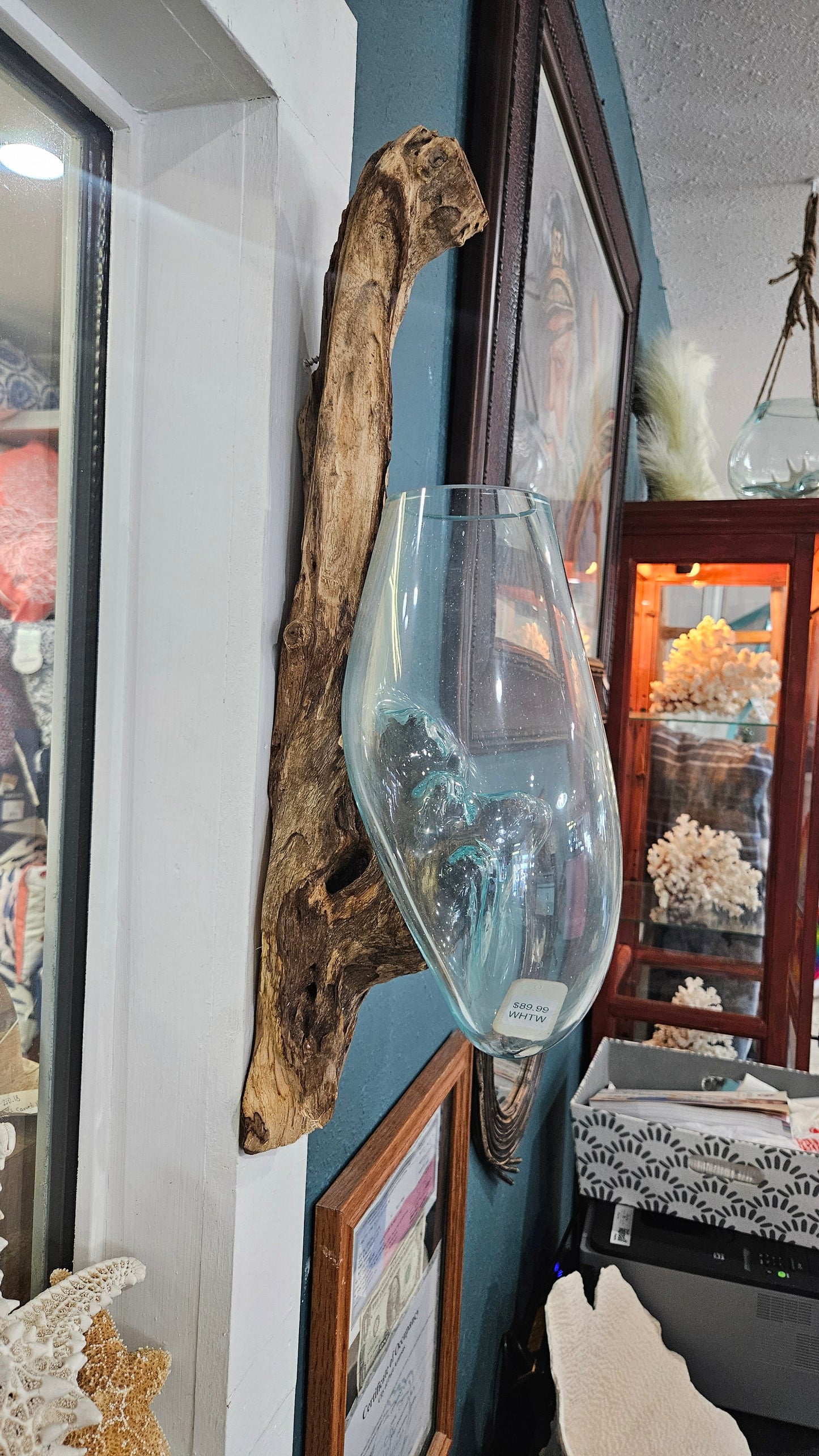 Wall Hanging Teak Wood and Molten Glass Terrarium