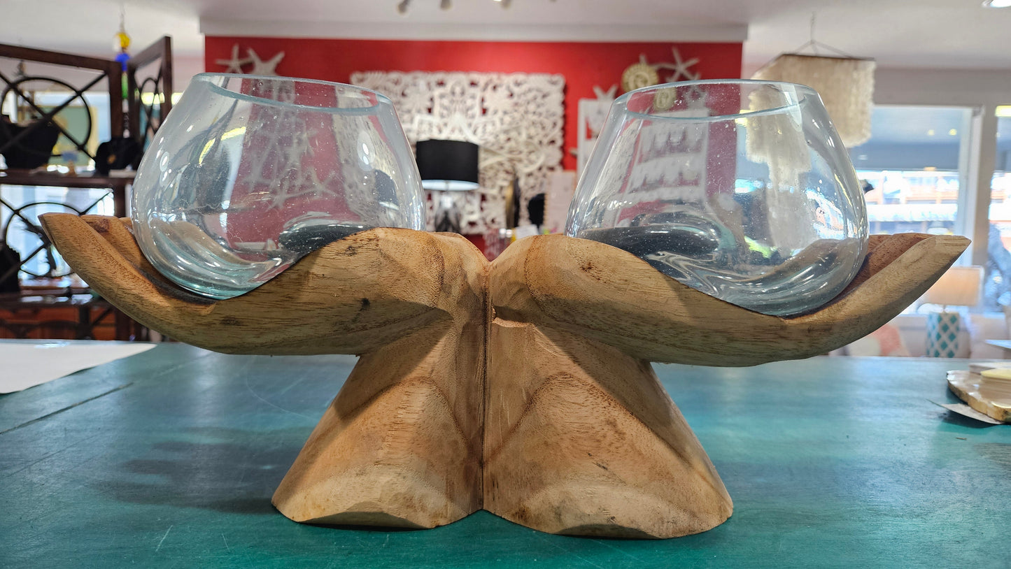 Carved Wooden Hand and Molten Glass Terrarium