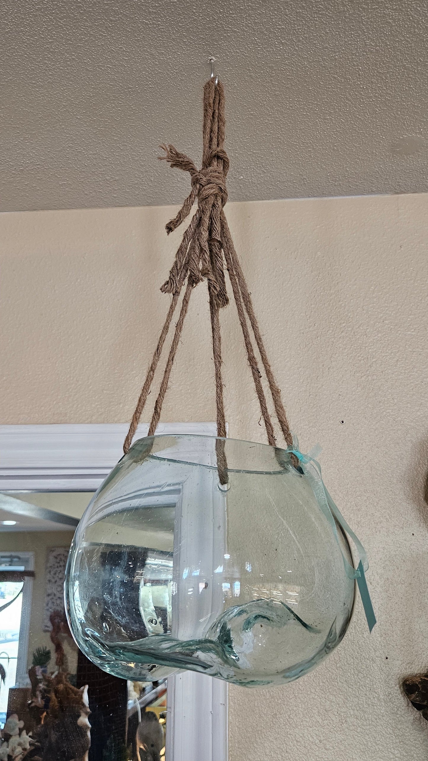 Hanging Fluid Freeform Glass Molten Terrarium with Rope